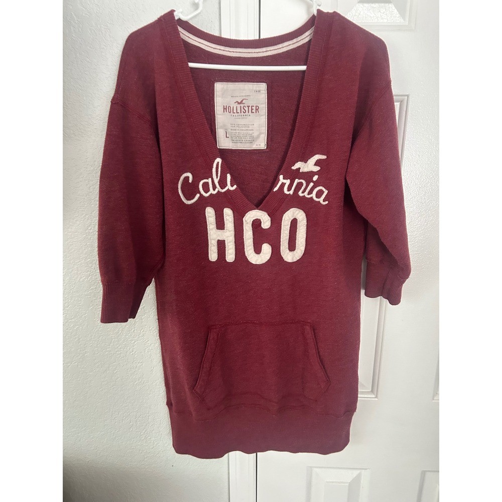 Y2K Hollister California V-Neck Longline Sweatshirt Maroon Burgundy HCO Large